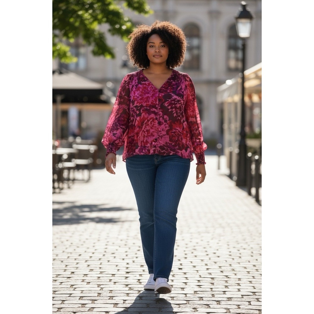 Cynthia Steffe Floral Peasant Blouse Pink Red Sheer Lined Women's 2X
